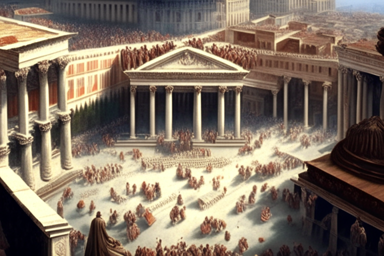 ancient rome, marble buildings with columns, crowd in a feast celebrates Caesar's triumph, aerial view, realistic