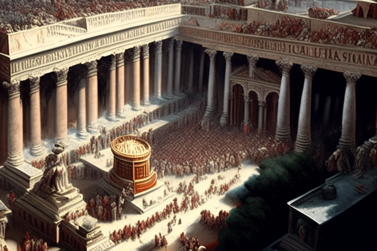 ancient rome, marble buildings with columns, crowd in a feast celebrates Caesar's triumph, aerial view, realistic