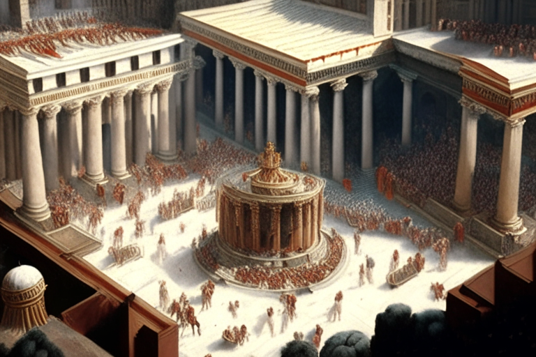 ancient rome, marble buildings with columns, crowd in a feast celebrates Caesar's triumph, aerial view, realistic