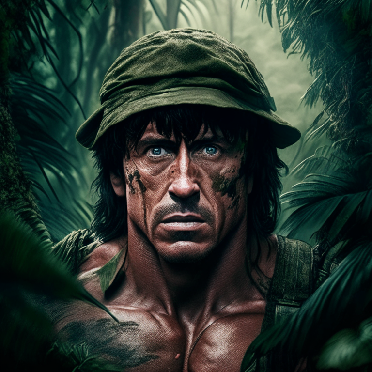 Rambo at war in the jungle in a ultra realistic,8k image
