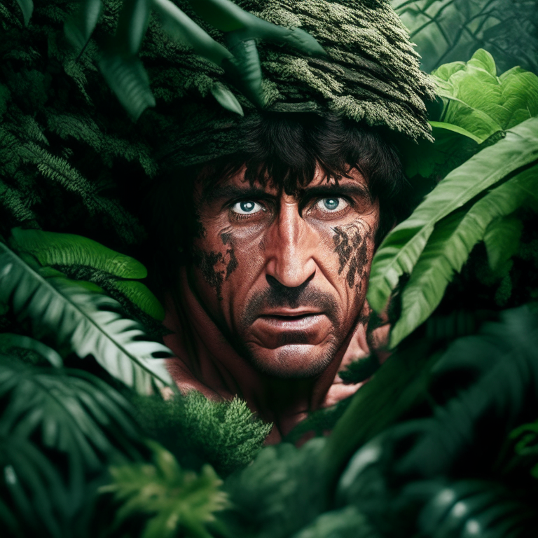 Rambo at war in the jungle facing his opponents hiding in the bushes in a ultra-realistic,8k image
