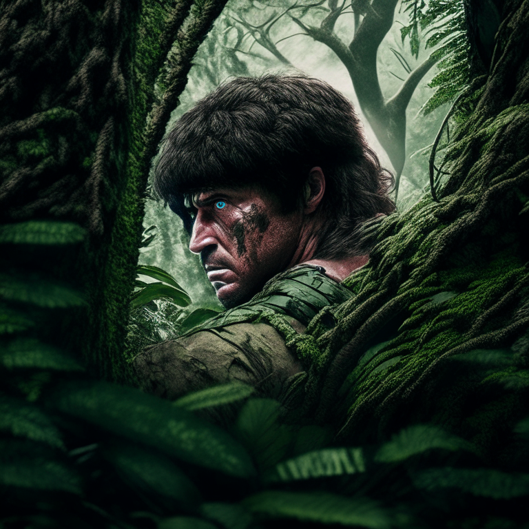 Rambo at war in the forest facing his opponents that are hiding in the bushes in a ultra-realistic,8k image, with a camera angle facing his back

