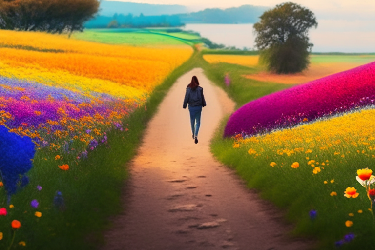 - An image of a country lane lined with colorful flowers, with a person walking happily towards the horizon.
