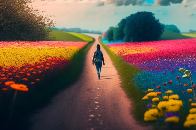 - An image of a country lane lined with colorful flowers, with a person walking happily towards the horizon. ultra reasliste,4k ,cinematique