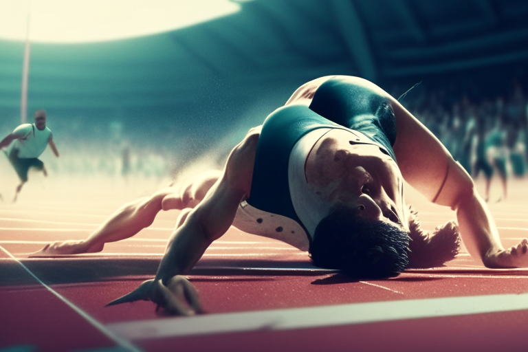An image of an athlete getting up after a fall during a sports competition.. ultra reasliste,4k ,cinematique