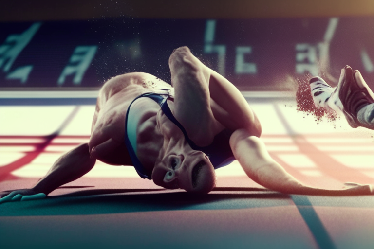 An image of an athlete getting up after a fall during a sports competition.. ultra reasliste,4k ,cinematique