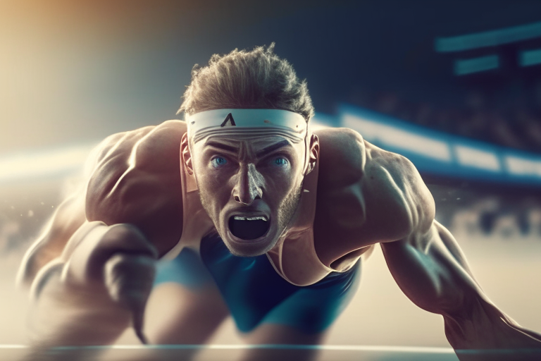 An image of an athlete getting up during a sports competition... ultra realiste 4k cinematik