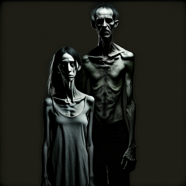 woman with emaciated man face, standing in darkness