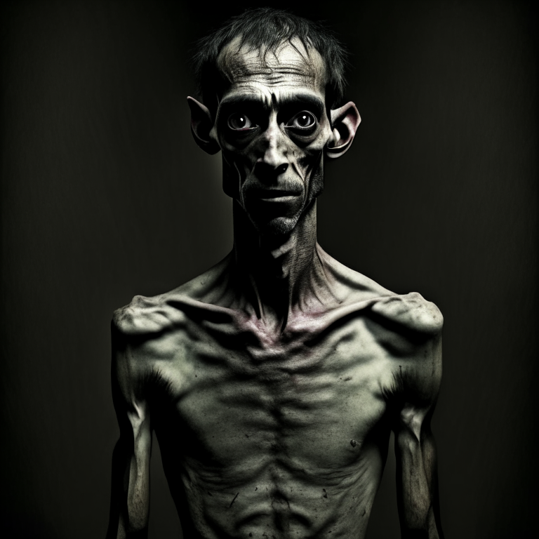 emaciated man with large, bulging eyes, standing in darkness