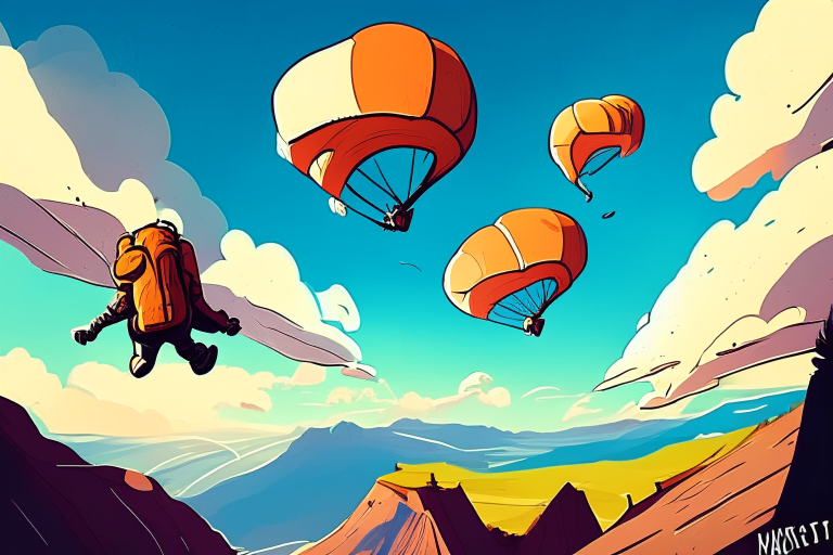 Skydivers soaring above us, we take in the scenery. Cartoon style

