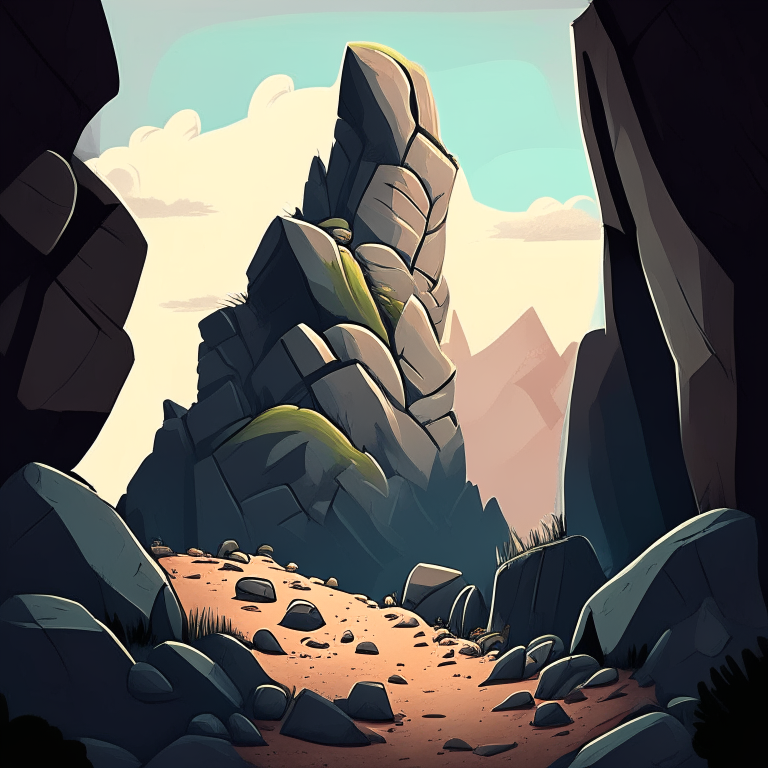 We descend from the mountain and reach a vast rocky slope.                 cartoon style