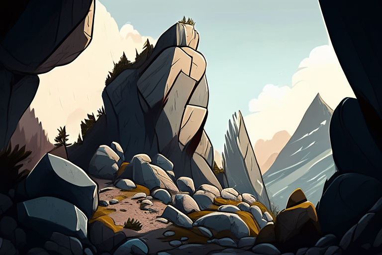 We descend from the mountain and reach a vast rocky slope.                 cartoon style
