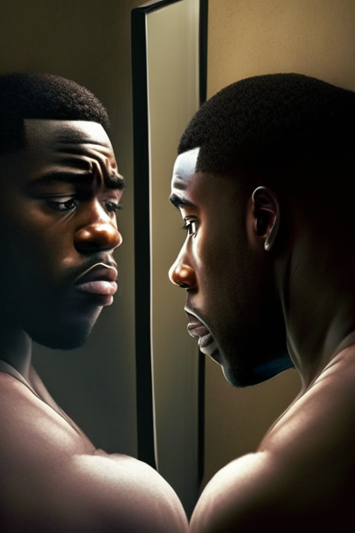 Struggling black man starring at the mirror seeing a fulfilled man