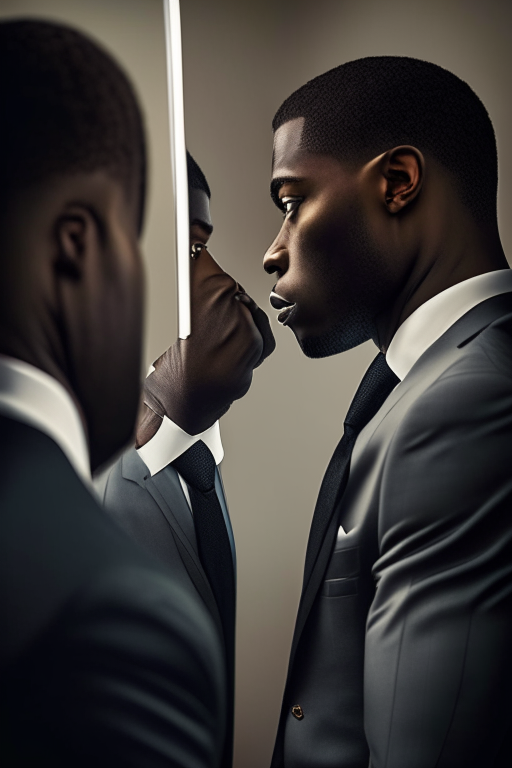 Struggling black man starring at the mirror seeing a fulfilled man on suit