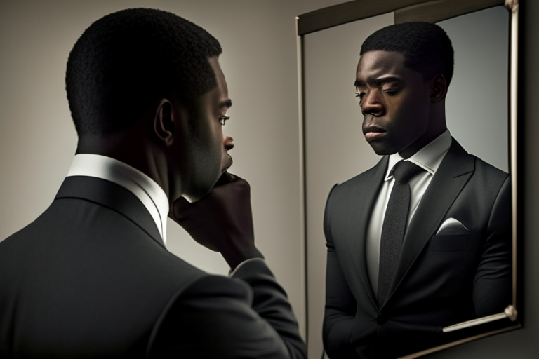 Struggling black man starring at the mirror seeing a fulfilled man on suit