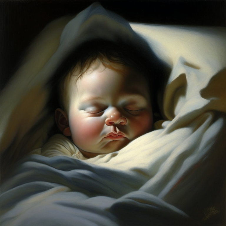 a baby in a cribbaby in a bed with his eyes closed oil painting. 