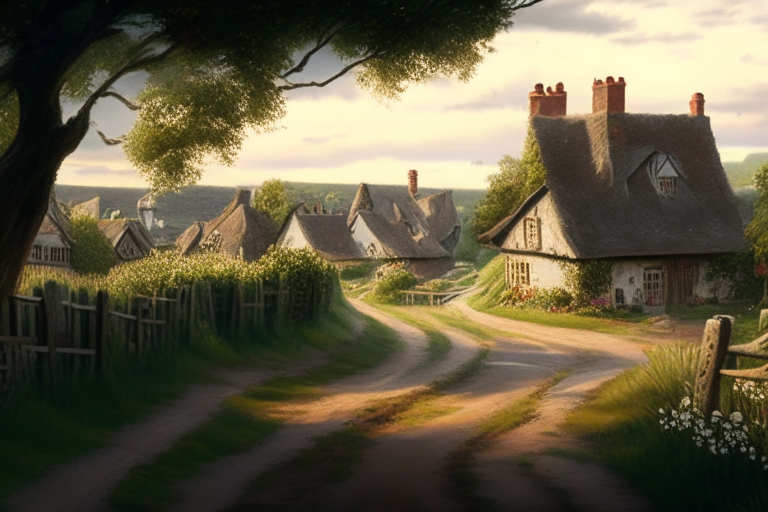 aA small village in the countryside of England. oil painting, real, 8k, digital