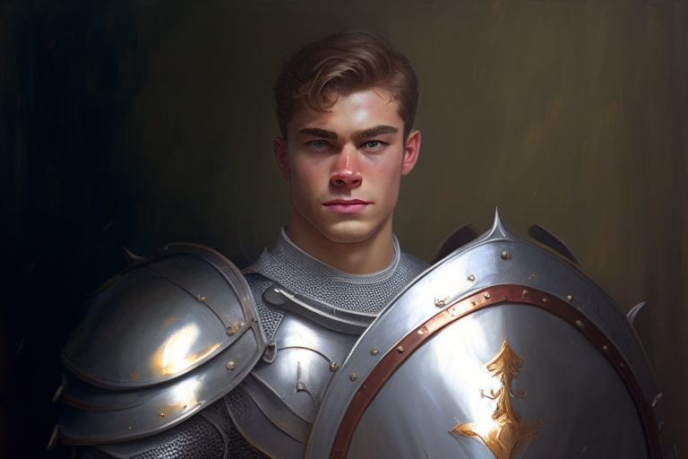 A young man in his early 20s, strong and handsome. He is wearing a full suit of armor and carrying a sword and shield oil painting, real, 8k, digital.