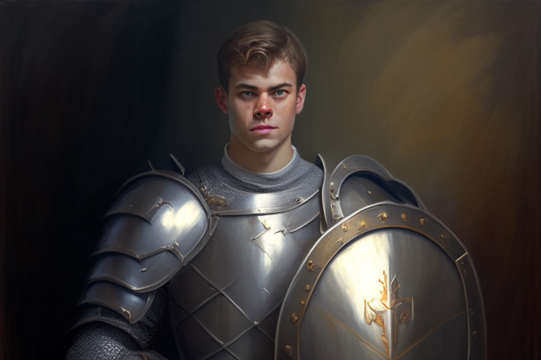 A young man in his early 20s, standing, strong and handsome. He is wearing a full suit of armor and carrying a sword and shield oil painting, real, 8k, digital.