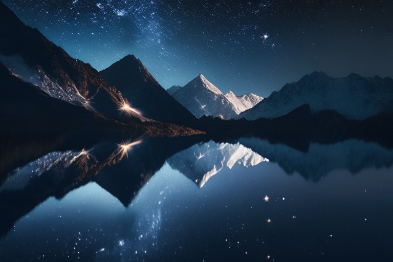 A dreamlike image of a starry sky reflected in a peaceful lake with mountains as a backdrop.., 4K 