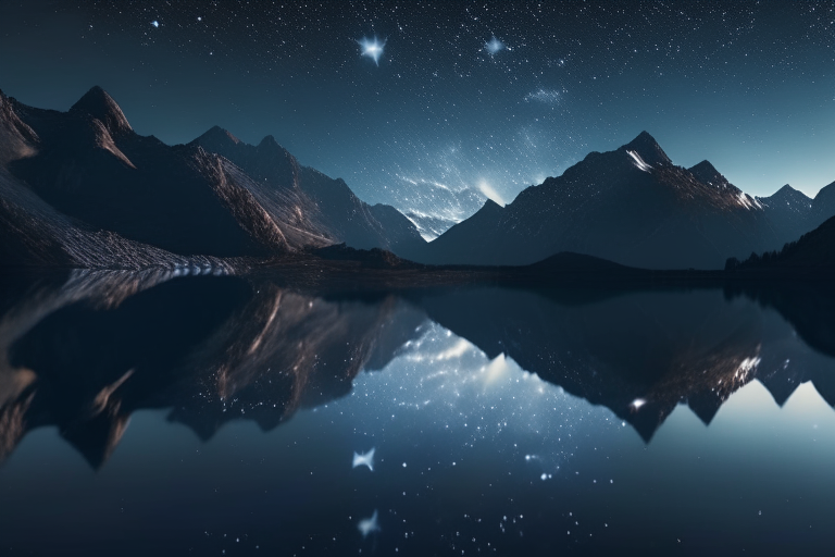 A dreamlike image of a starry sky reflected in a peaceful lake with mountains as a backdrop.., 4K ultra realiste , cinematique