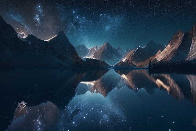 A dreamlike image of a beautiful starry sky reflected in a peaceful lake with beautiful mountains as a backdrop..., 4K ultra realiste , cinematique