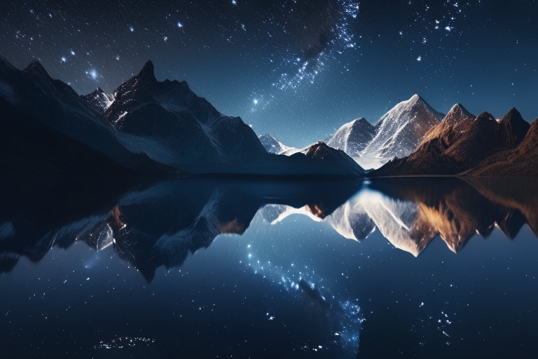 A dreamlike image of a beautiful starry sky reflected in a peaceful lake with beautiful mountains as a backdrop..., 4K ultra realiste , cinematique