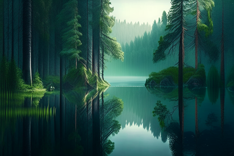 A soothing image of a dense forest where nature reigns supreme, with a calm lake at its center.