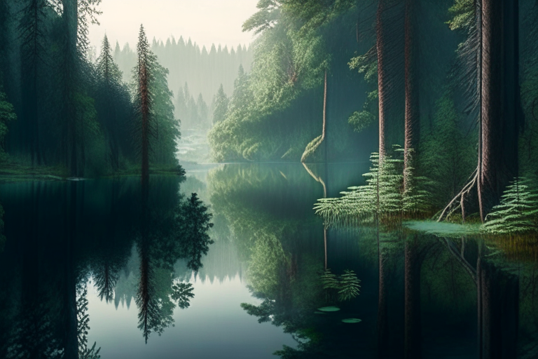 A soothing image of a dense forest where nature reigns supreme, with a calm lake at its center.