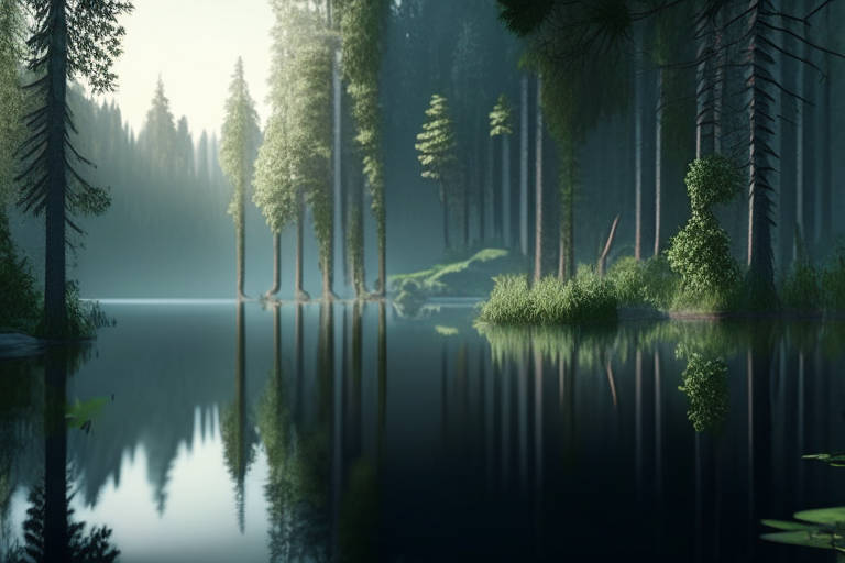 A soothing image of a dense forest where nature reigns supreme, with a calm lake at its center.4k,ultra realiste,cinematique