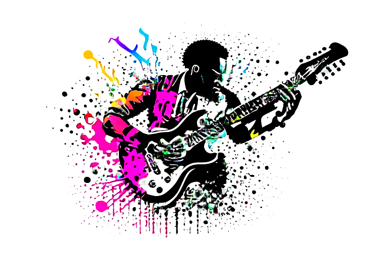 Black man playing  guitar with colorful music symbols gushing out of the guitar