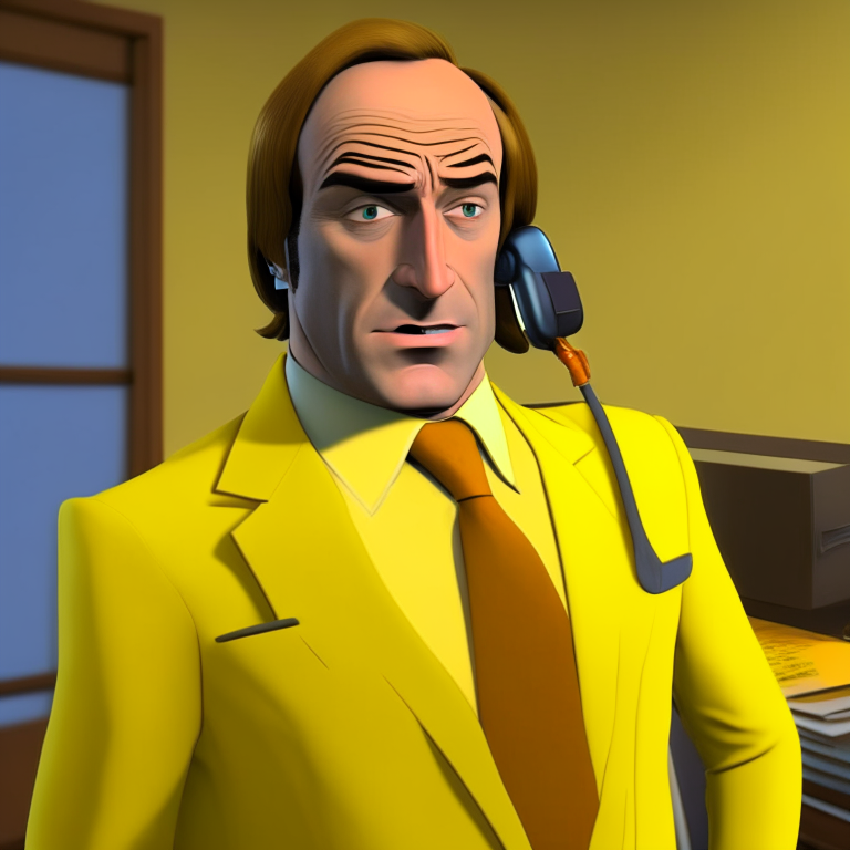 Saul goodman character answering the phone with an office in yellow colors, cartoon style, hq, anime, 3d, 8d, ultrarealistic, 4k