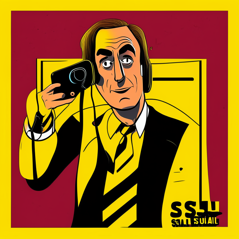 Saul goodman character answering the phone with an office in colors yellow and black, dark vibes, lettering with "Better call Saul" in color's red and yellow, disc cover type, cartoon style, hq, anime, 3d, 8d, ultrarealistic, 4k