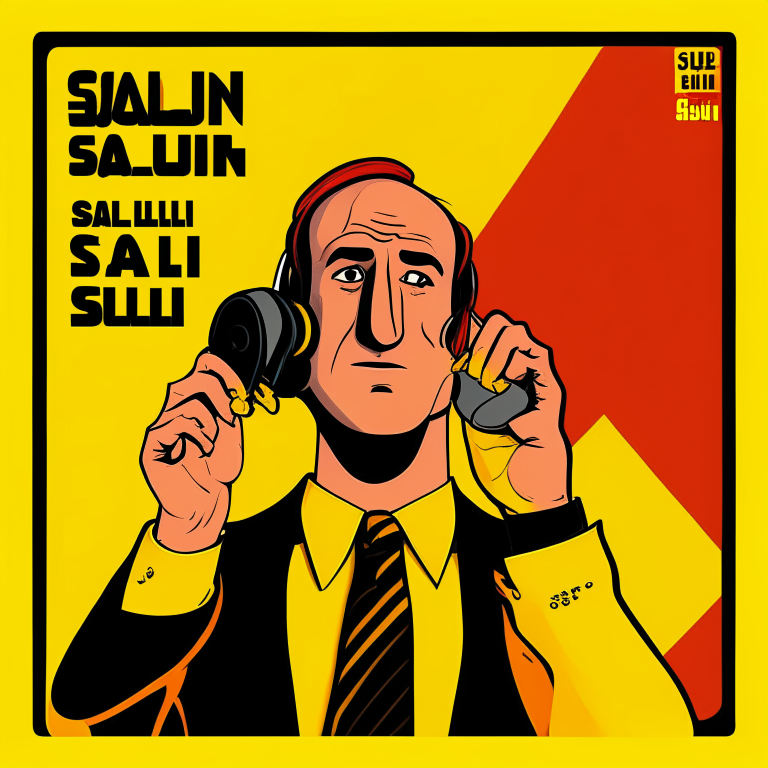 Saul goodman character answering the phone with an office in colors yellow and black, dark vibes, lettering with "Better call Saul" in color's red and yellow, disc cover type, cartoon style, hq, anime, 3d, 8d, ultrarealistic, 4k