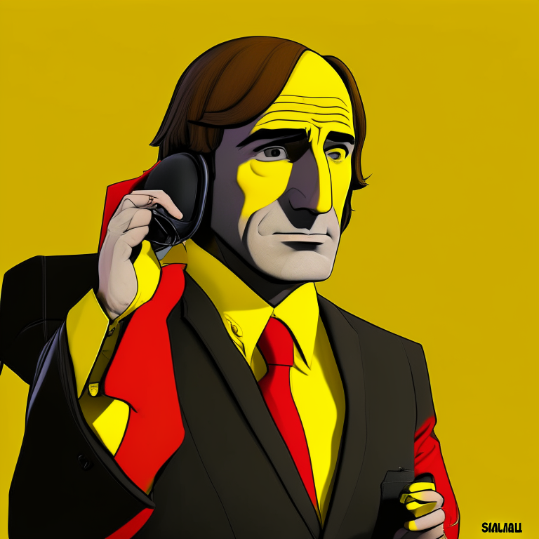 Saul goodman character answering the phone with an office in colors yellow and black, dark vibes, in color's red and yellow, disc cover type, cartoon style, hq, anime, 3d, 8d, ultrarealistic, 4k