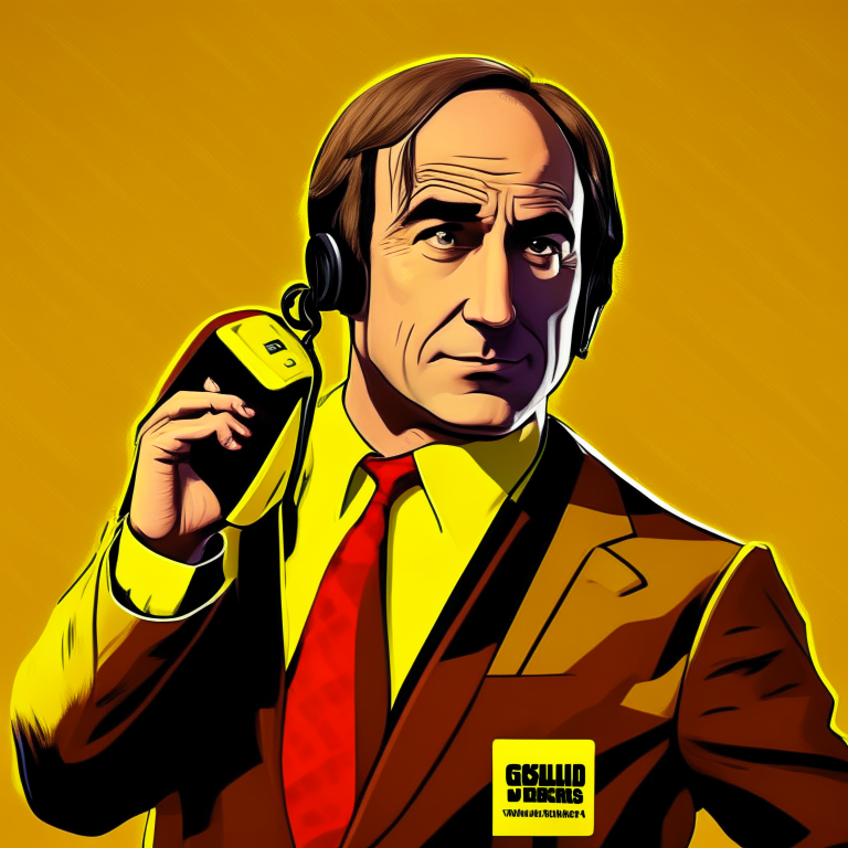 Saul goodman (better call saul) character answering the phone with an office in colors yellow and black, dark vibes, in color's red and yellow, disc cover type, cartoon style, hq, anime, 3d, 8d, ultrarealistic, 4k