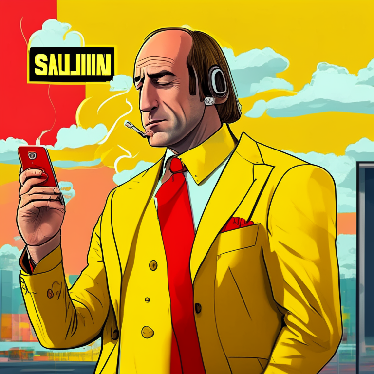 Saul goodman character answering a cell phone smoking a cigarette with an office in the background in yellow and red colors, musical disc cover, cartoon style, hq, anime, 3d, 8d, ultrarealistic, 4k