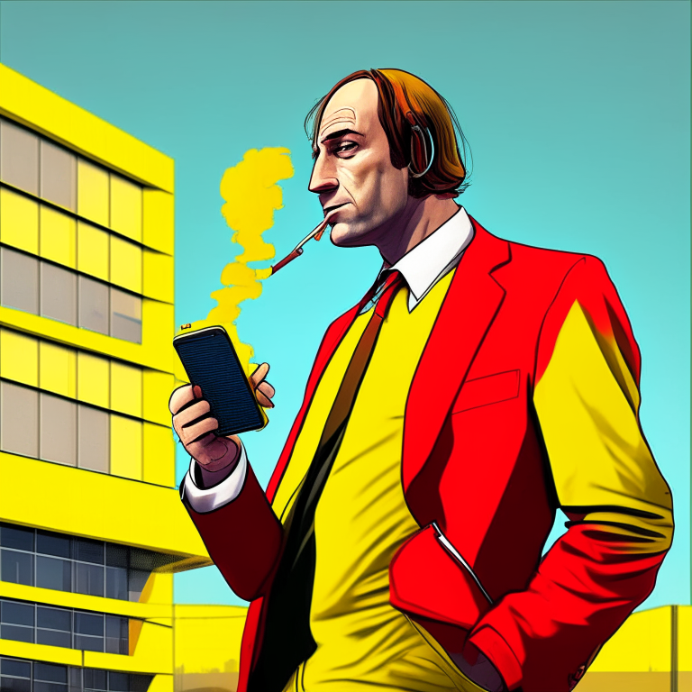 Saul goodman character answering a cell phone smoking a cigarette with an office in the background in yellow and red colors, musical disc cover, cartoon style, hq, anime, 3d, 8d, ultrarealistic, 4k