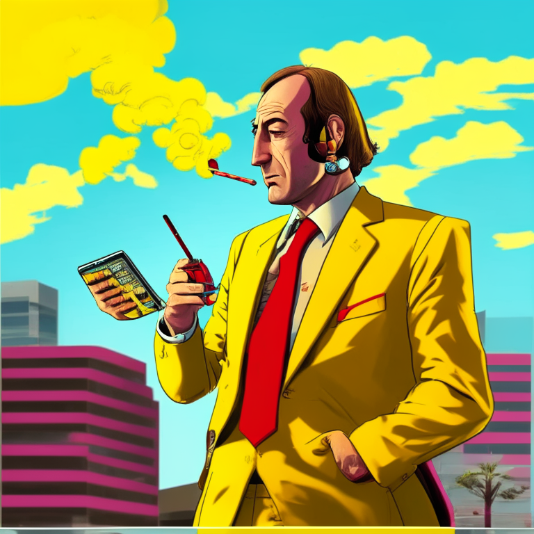 Saul goodman character answering a cell phone smoking a cigarette with an office in the background in yellow and red colors, musical disc cover, cartoon style, hq, anime, 3d, 8d, ultrarealistic, 4k