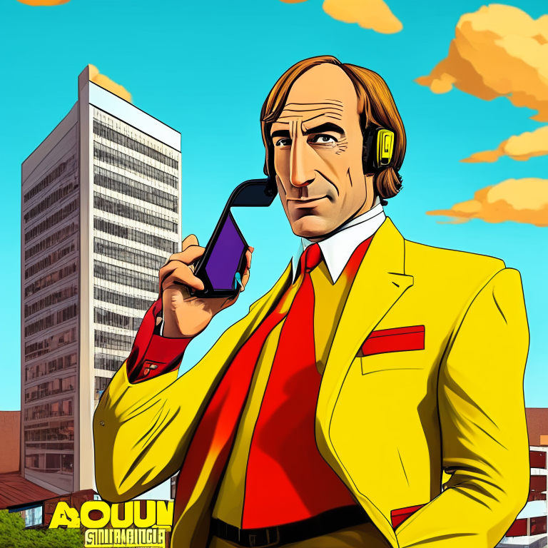 Saul goodman character answering a cell phone, with an office in the background in yellow and red colors, musical disc cover, cartoon style, hq, anime, 3d, 8d, ultrarealistic, 4k