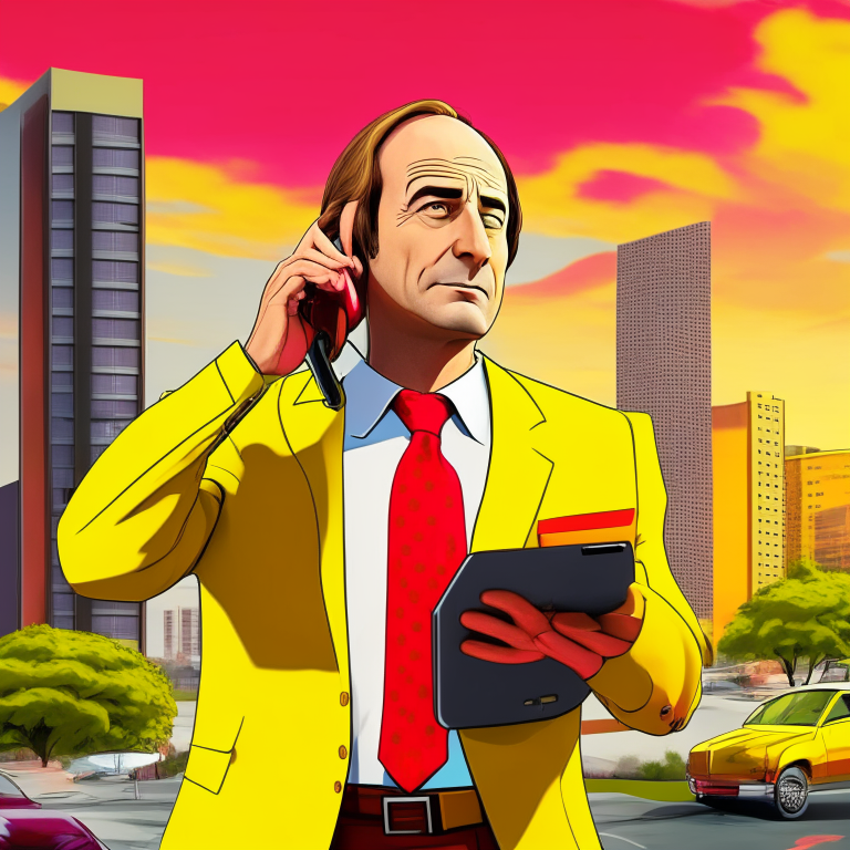 Saul goodman character answering a cell phone, with an office in the background in yellow and red colors, musical disc cover, cartoon style, hq, anime, 3d, 8d, ultrarealistic, 4k