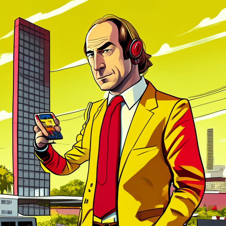 Saul goodman character answering a cell flip nipe shox phone, with an office in the background in yellow and red colors, musical disc cover, cartoon style, hq, anime, 3d, 8d, ultrarealistic, 4k