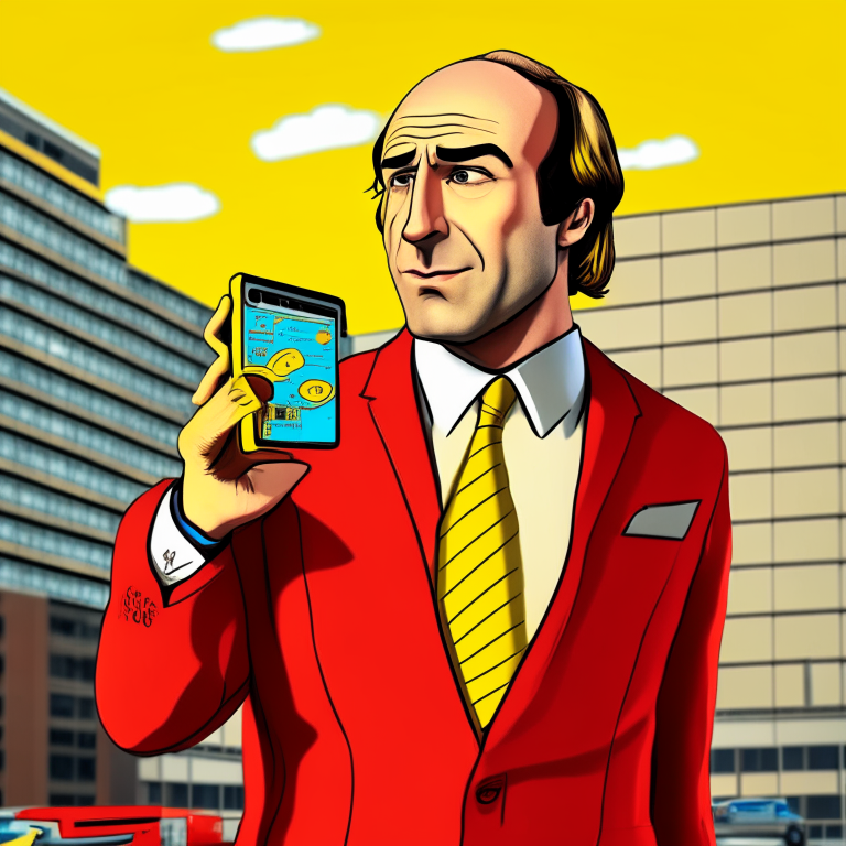 Saul goodman character answering a cell phone type iphone, with an office in the background in yellow and red colors, musical disc cover, cartoon style, hq, anime, 3d, 8d, ultrarealistic, 4k