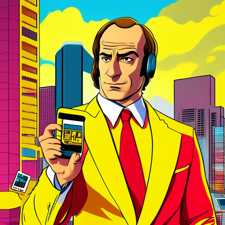 Saul goodman character answering a cell phone type iphone, with an office in the background in yellow and red colors, vice city type image, musical disc cover, cartoon style, hq, anime, 3d, 8d, ultrarealistic, 4k