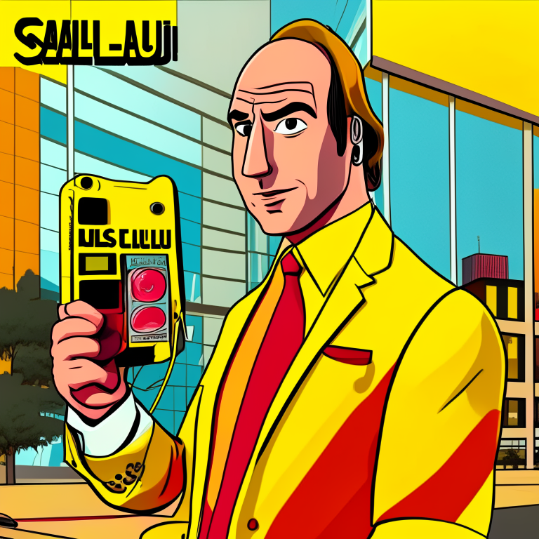 Saul goodman character answering a cell phone type iphone, with an office in the background in yellow and red colors, vice city type image, musical disc cover, cartoon style, hq, anime, 3d, 8d, 4k