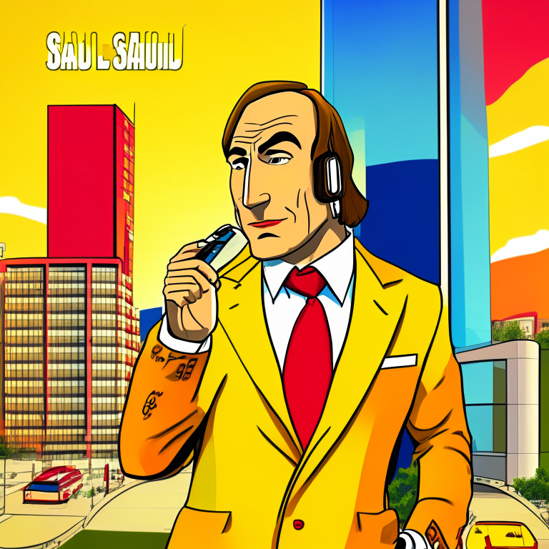 Saul goodman character answering a cell phone type iphone, with an office in the background in yellow and red colors, vice city type image, musical disc cover, cartoon style, hq, anime, 3d, 8d, 4k