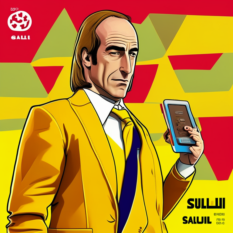 Saul goodman character (better call saul) answering old foldable cell phone with office in background in yellow and red colors, music disc cover, cartoon style, hq, anime, 3d, 8d, ultra-realistic, 4k