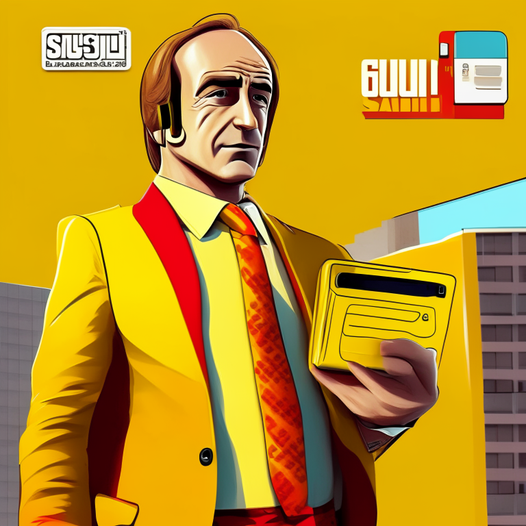 Saul goodman character (better call saul) answering old foldable cell phone with office in background in yellow and red colors, music disc cover, cartoon style, hq, anime, 3d, 8d, ultra-realistic, 4k