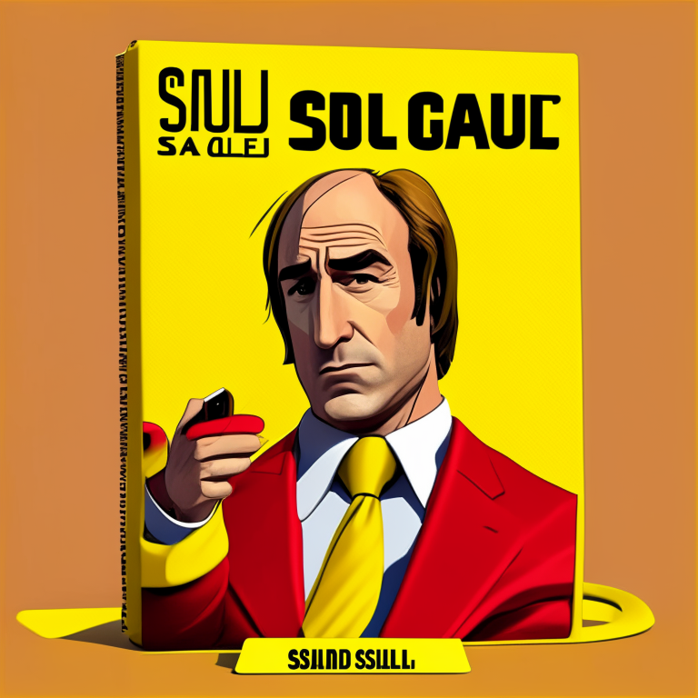 Saul goodman character (better call saul) answering foldable cell phone with office in background in yellow and red colors, music disc cover, cartoon style, hq, anime, 3d, 8d, ultra-realistic, 4k