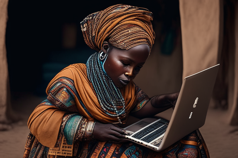 African woman on traditional dress carrying a baby on her back and typing on a laptop 